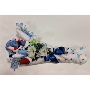 Baby boy sock bouquet, nautical recieving blanket, new mom gift